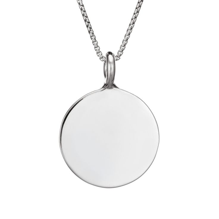 CBM-61 Solidified ashes set in this simple yet substantial .925 sterling silver circular pendant. It comes with a sterling silver chain in the length and thickness of your choice from the options below. Dimensions:20mm All dimensions are approximate and may vary slightly with every casting. This pendant can accommodate quite a bit of engraving across its back in multiple lines, including spaces and simple symbols. Examples of the font options available for engraving can be seen here. If you have Anniversary Charm Necklace With Cable Chain, Round Charm Necklace With Cable Chain For Anniversary, Round Charm Necklaces With Cable Chain For Anniversary, Sterling Silver Charm Necklace With Cable Chain For Anniversary, Sterling Silver Cable Chain Charm Necklace For Anniversary, Sterling Silver Medallion Necklace With Polished Finish, Sterling Silver Medallion Jewelry With Box Chain, Minimalist Round Disc Jewelry With Coin Pendant, Sterling Silver Round Box Chain Jewelry