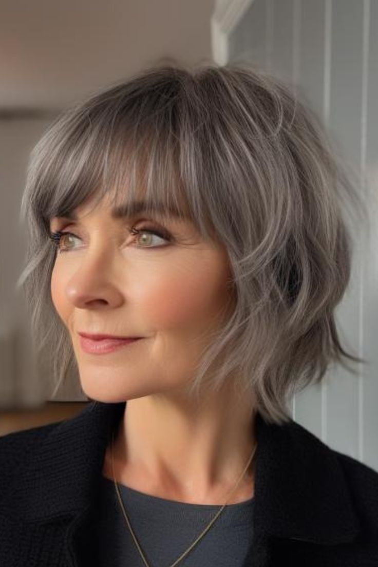 Grey Bob With Bangs, Hairstyles Over 60 Older Women New Looks, Short Gray Bob, Bobs With Bangs For Older Women, Bangs Over 60, Textured Bob With Bangs, Bob With Bangs Hairstyles, Gray Bob Hairstyles, Bangs For Older Women