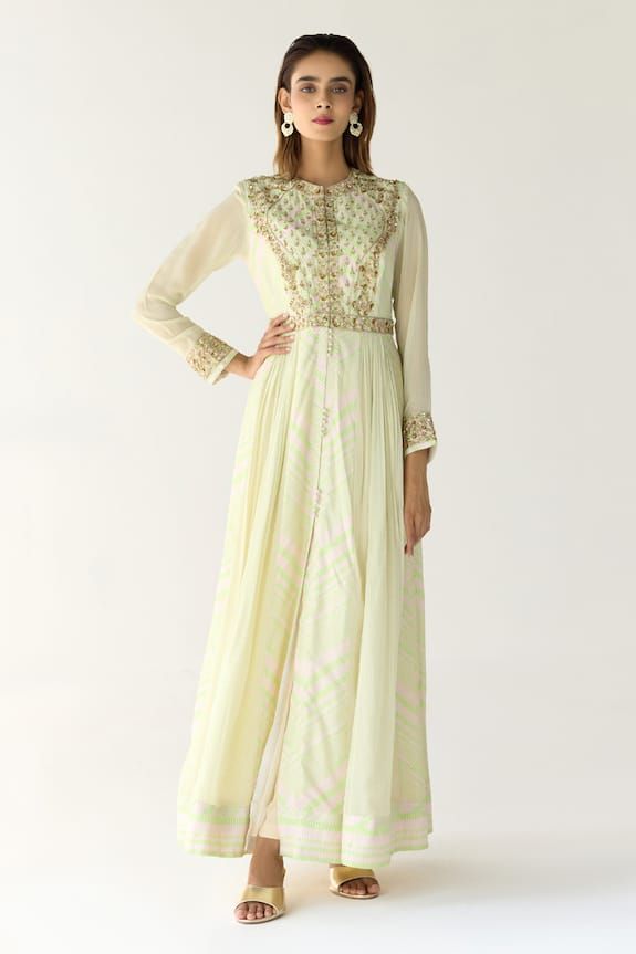 White, jade green anarkali with chevron, checkered print and zardozi, sequin embroidered neckline. Paired with pant and dupatta. - Aza Fashions Green Anarkali, Zardozi Work, Checkered Print, Checker Print, Luxury Sale, Embroidered Neckline, White Jade, Pants Pattern, Modern Bride