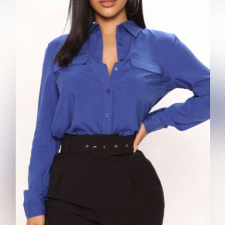 Nwt 2x Work Blouse Blue Work Shirt With Pockets, Blue Workwear Shirt With Pockets, Trendy Collared Blue Blouse, Blue Button-up Blouse With Pockets, Trendy Blue Collared Blouse, Blue Office Shirt With Pockets, Chic Blue Fall Shirt, Fall Blue Blouse With Pockets, Casual Blue Office Blouse