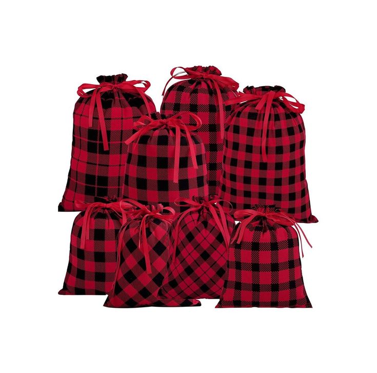 six red and black buffalo plaid bags