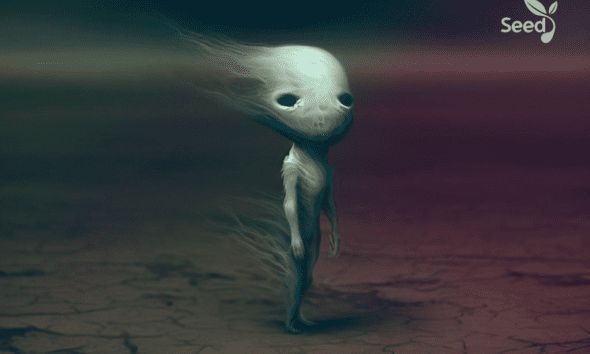 an alien standing in the middle of a desert with its head turned to the side