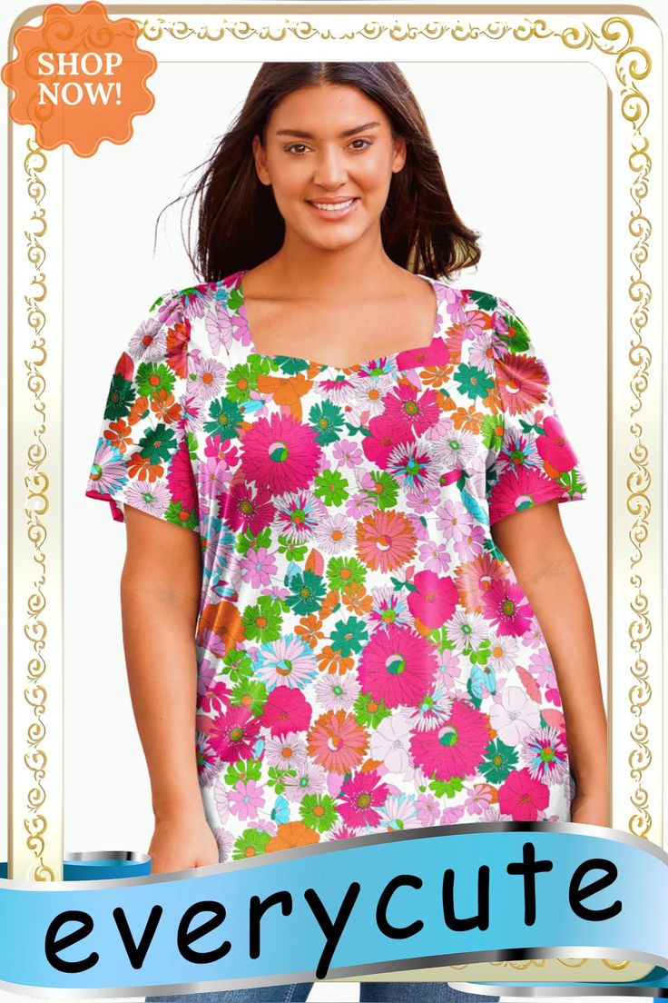 Multicolor Plus Size Square Neck Ruched Shoulder Short Sleeve Top Casual Ruched Multicolor Tops, Casual Multicolor Ruched Top, Multicolor Ruched Tops For Summer, Multicolor Ruched Tops For Vacation, Top Plus Size, Clothing Plus Size, Color Pick, Short Sleeve Top, Plus Size Tops