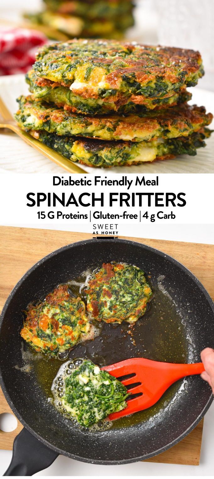 spinach fritters are being cooked in a frying pan with a spatula