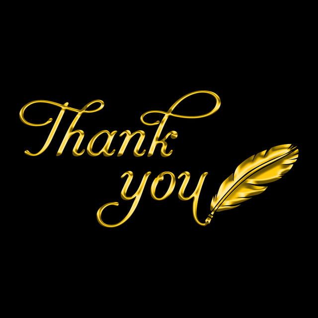 the words thank you are written in gold on a black background with a golden feather