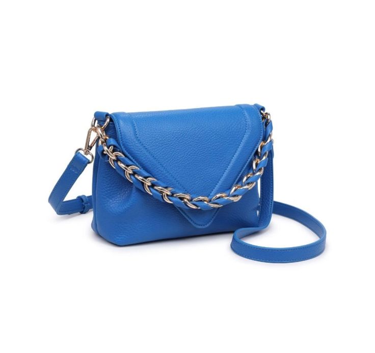 Flap closure faux leather bright blue bag with chain strap detail. Evening Blue Flap Bag With Detachable Strap, Blue Evening Flap Bag With Removable Pouch, Blue Flap Bag With Gold-tone Hardware, Trendy Blue Bag With Chain Detail, Blue Flap Bag With Gold-tone Hardware For Evening, Blue Evening Flap Bag With Gold-tone Hardware, Evening Blue Flap Bag With Adjustable Strap, Chic Blue Bag With Chain Detail, Blue Clutch Shoulder Bag With Chain Strap