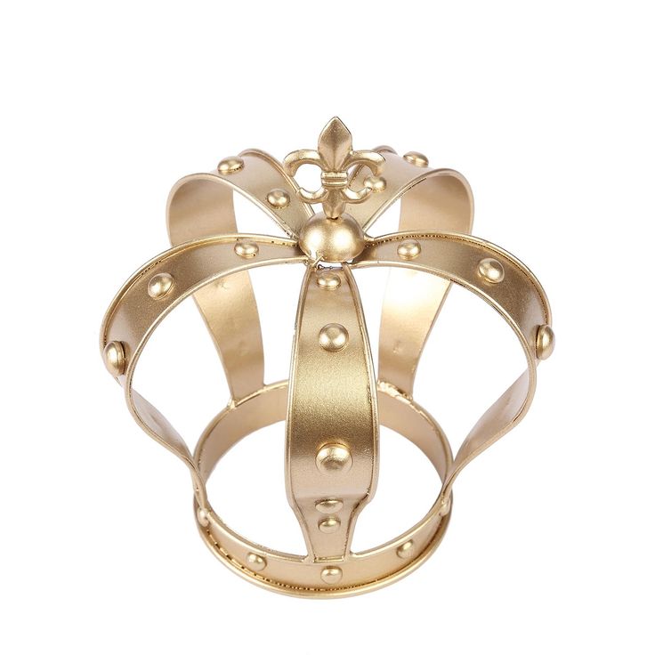 [About] Quantity: 1 Cake Topper Material: Metal Color: Gold Style: Royal Crown w/ Fleur-De-Lis Overall Height: 8" Overall Body Diameter: 7" Base Diameter: 4" Inner Height: 5.5" Inner Body Diameter: 6.5" Space Between Arch: 3" Arch Width: 1.25" Fleur-De-Lis Size: 1.75"H x 1.5"W Thickness: 1/8" [Information] Additional Information: Uses: Cake Topper, Photo Prop, Table Centerpiece, Flower Centerpiece, Candle Holder Note: Order is for Crown cake topper only. Other accessories not included Gold Crown Gift With Structured Shape, Gold Crown For Gift With Structured Shape, Gold Structured Crown For Gift, Royal Gold Tall Crown, Gold Tall Crown As Gift, Royal Gold Crown With Tall Shape, Regal Gold Crown With Pinched Shape, Gold Regal Crown With Pinched Shape, Gold Birthday Crown With Tall Shape