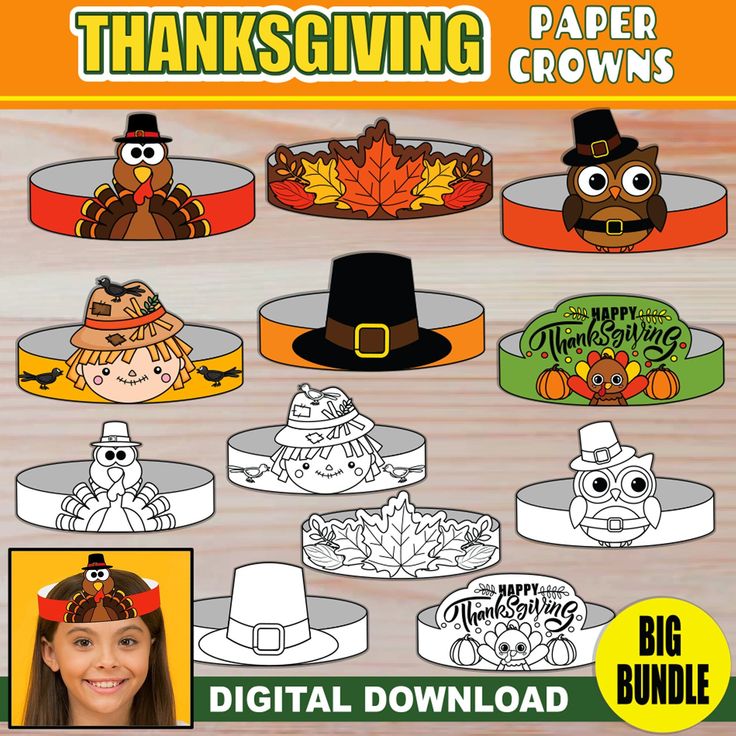 the thanksgiving paper crowns are designed to look like turkeys, pumpkins and pilgrim hats