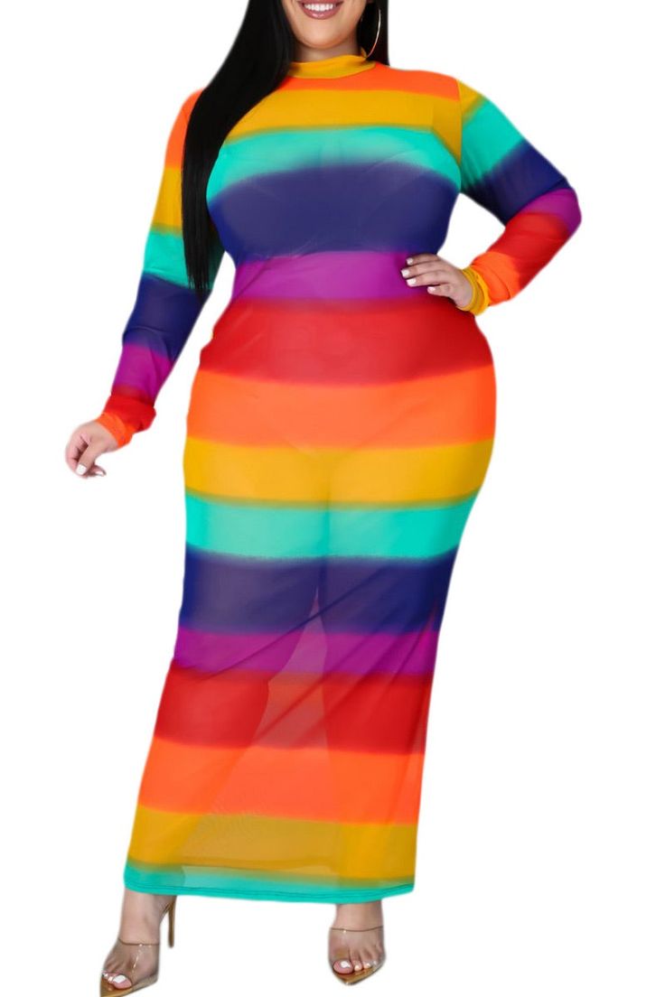 95% polyester 5% spandex Stretch dress Long sleeve Sheer Mock neck Zipper closure Hand wash cold Model is wearing a 2X Sheer Mesh Bodycon Dress, Sheer Bodycon Dress, Chic And Curvy, Mesh Bodycon Dress, Dress Long Sleeve, Stretch Dress, Rainbow Stripes, Dress Long, Mock Neck