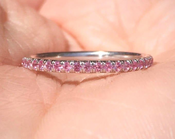 Pink Diamond Eternity Band For Anniversary, Pink Sapphire Stackable Ring For Wedding, Stackable Pink Sapphire Ring For Wedding, Stackable Pink Sapphire Wedding Ring, Pink Round Cut Eternity Band For Anniversary, Wedding Pink Sapphire Diamond Ring With Vvs Clarity, Vvs Clarity Pink Sapphire Diamond Wedding Ring, Anniversary Pink Sapphire Halo Ring, Pink Sapphire Eternity Band For Anniversary Fine Jewelry