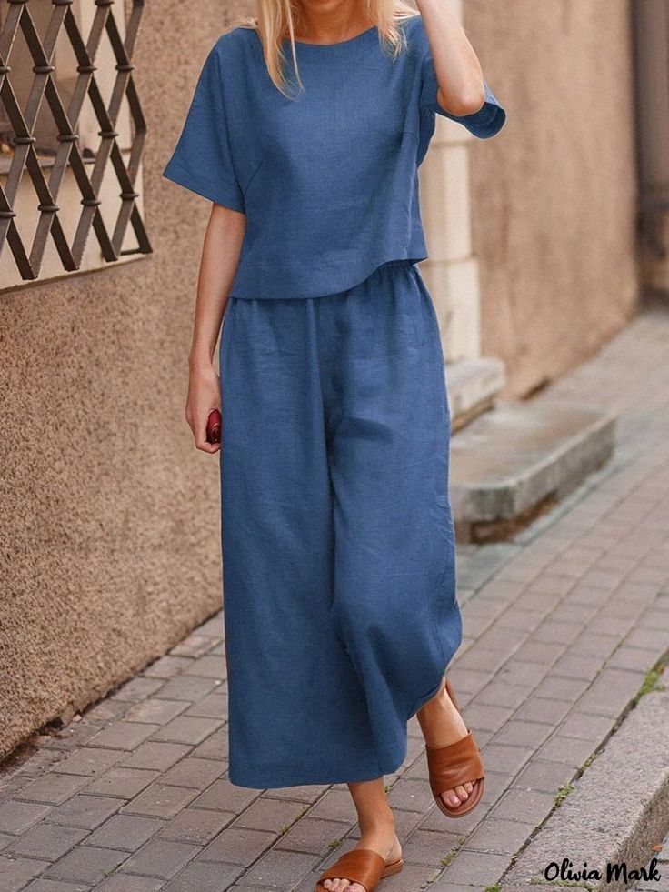 Olivia Mark - Solid Color Short Sleeve Two-Piece Set Two Piece Sets Outfits, Womens Casual Suits, Two Piece Loungewear, Pant Suits For Women, Lounge Outfit, Traje Casual, Pantsuits For Women, Linen Casual, Mode Design