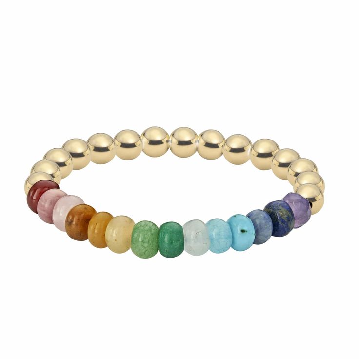 Gold Spiritual Rondelle Beaded Bracelet With Spacer Beads, Elegant Rainbow Beaded Jewelry, Rainbow Gemstone Beaded Round Bracelets, Rainbow Gemstone Beads Bracelet With Round Beads, Rainbow Gemstone Beads Bracelets, Gold Rondelle Beaded Bracelets With Colorful Beads, Rainbow Gemstone Beaded Bracelet, Rainbow Faceted Round Beads Bracelets, Rainbow Crystal Bracelet With Gemstone Round Beads