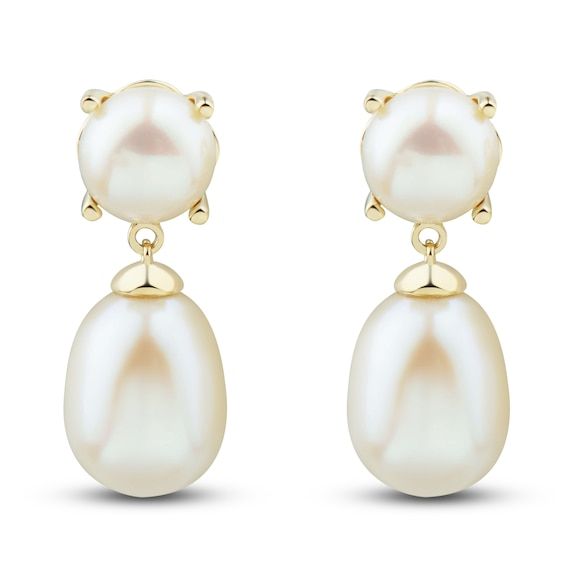 Lustrous freshwater cultured pearls dangle elegantly from posts adorned with even more freshwater cultured pearls in these glamorous 5.5mm women's dangle earrings. Fashioned in 14K yellow gold, the earrings secure in place with friction backs. Elegant Drop Earrings With High Luster, Classic High Luster Drop Pearl Earrings, Elegant High Luster Drop Earrings, Formal High Luster Pearl Drop Earrings, Classic Briolette Pearl Drop Earrings, Luxury Pearl Drop Dangle Earrings, Yellow Gold Briolette Pearl Earrings For Formal Occasions, Classic Pearl Drop Briolette Earrings, Gold Briolette Pearl Earrings For Formal Occasions