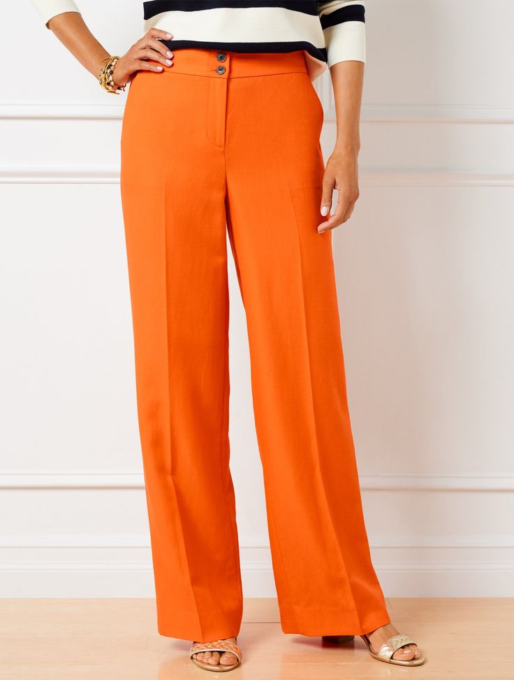 Soft fabric elevates the chic look of these flattering wide leg pants. Tailored with a perfect drape and a figure-boosting high waist. A statement piece for any season. Features Flat Front/Trouser Wide Leg Hits Above Waist Full Length Fly front with button closure Front slash, Back welt pockets Imported Fit: Misses: 31 1/2"; Petite: 29"; Plus: 31 1/2"; Plus Petite: 29" Material: 48% Tencel ™ Lyocell, 30% Linen, 22% Cotton Care: Machine Wash Cold; Only Non-Chlorine Bleach When Needed; Or Dry Clean; Line Dry; Warm Iron With Steam If Needed | Talbots Greenwich Pants