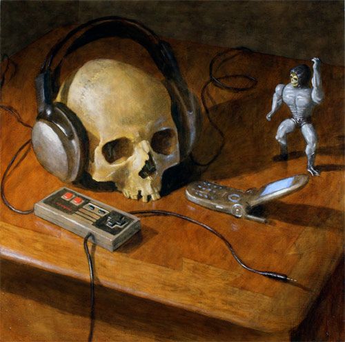 a skull with headphones sitting on top of a table next to a remote control