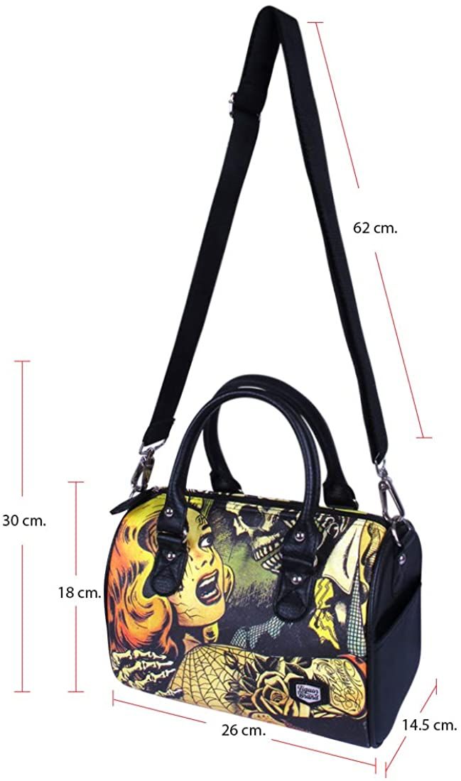 Horror B Movie Cartoon print Zipper Closer on top Bowler style handbag Small Bowling Bag: Approximately 7"H x 10"W x 5.5"D (Inches) Comes with detachable shoulder strap Fully Lined with one inside zipper pocket. Full Zipper Enclosure with embossed pulls Black Halloween Shoulder Bag Satchel, Black Satchel Shoulder Bag For Halloween, Black Shoulder Bag Satchel For Halloween, Halloween Black Shoulder Satchel, Black Shoulder Satchel For Halloween, Gothic Black Bag With Zipper Closure, Gothic Bags With Zipper Closure For Alternative Fashion, Gothic Bags With Zipper Closure For Alternative Style, Alternative Style Halloween Bags For Daily Use