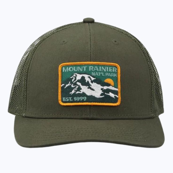 Add some vintage-inspired flair to your wardrobe with our Mount Rainier National Park Est 1899 Trucker Cap! This snapback features a classic design with a mesh back for extra breathability. The top quality materials and athletic sweatband make it both comfortable and eco-friendly. Get yours now and show your love for the great outdoors! Classic snapback Recycled Polyester Mesh Recycled materials in the visor Athletic sweatband for maximum comfort Every purchase helps support the National Parks via organizations like Washington's National Park Fund 1% For The Planet member Vintage Patch of amazing quality (you can feel The Mountain on it!) Mesh Back-Ultimate Breathability  Closure: Snapback Imported Curved Brim Trucker Hat For Baseball Season, Six-panel Trucker Hat For Baseball Season, Outdoor Letter Print Hat, Baseball Season Trucker Hat With Flat Bill For Outdoor, Baseball Season Trucker Hat With Flat Bill, Outdoor Trucker Hat For Baseball Season, Outdoor Snapback Hat For Baseball Season, Snapback Hat For Baseball Season And Outdoor Use, Snapback Hat For Baseball Season Outdoor