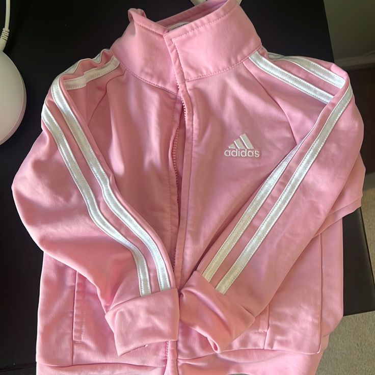 Never Worn. Pink Track Jacket Cute Korean Street Fashion, Pink Adidas Hoodie, Pink Adidas Tracksuit, Pink Racing Jacket, Pink Adidas Jacket, Cute Zip Ups, Cotton Long Sleeve Outerwear For Play, Long Sleeve Cotton Outerwear For Play, Sporty Long Sleeve Playwear Top