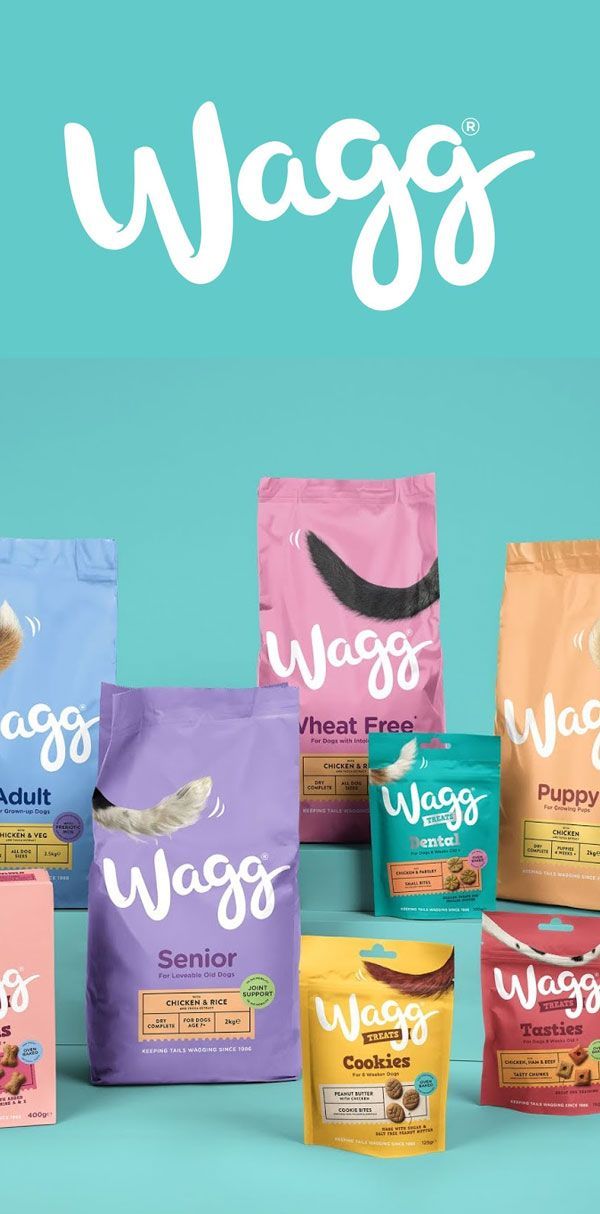 various bags of wagg's dog food on a blue background with the words wagg