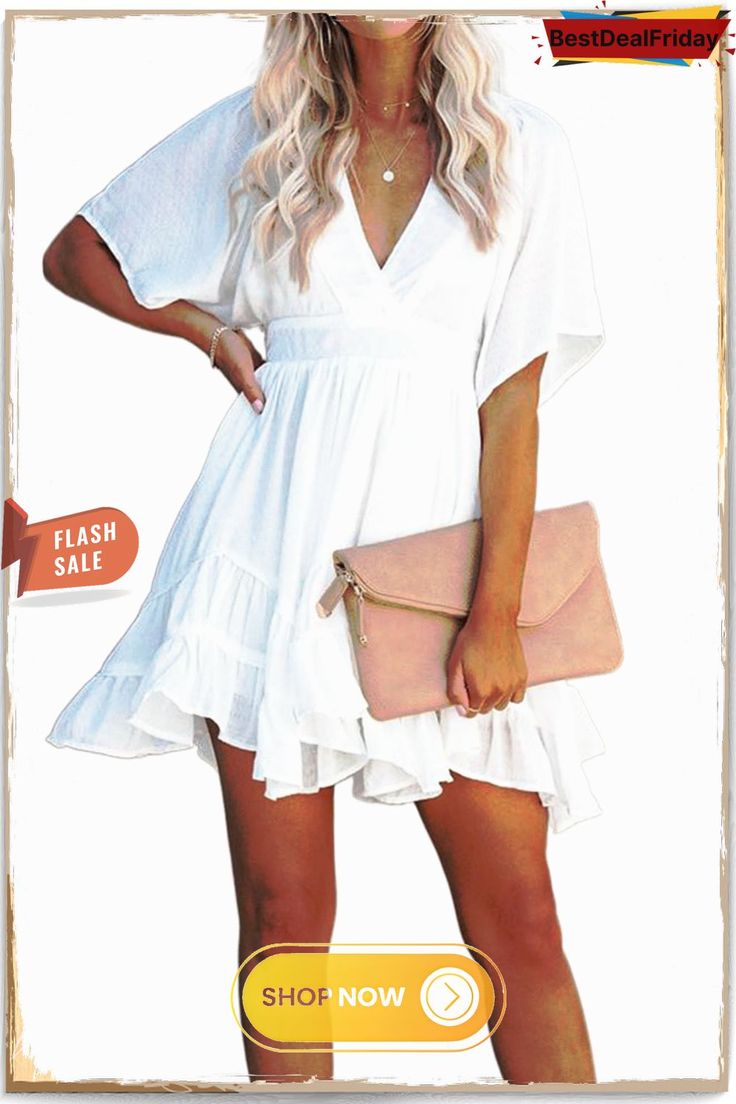 Bestdealfriday White V Neck Ruffle Layered Swing Mini Dress with Waist Belt P1482666 White V-neck Ruffle Dress For Day Out, Elegant Mini Dress With Ruffle Sleeves For Beach, Elegant Ruffle Sleeve Mini Dress For Vacation, Elegant Mini Dress With Ruffle Sleeves For Vacation, Flowy Ruffle Summer Dress, Summer Flowy Ruffle Dress, Flowy Ruffle Dress For Summer, Trendy Solid Dresses With Ruffles, Trendy Solid Dress With Ruffles