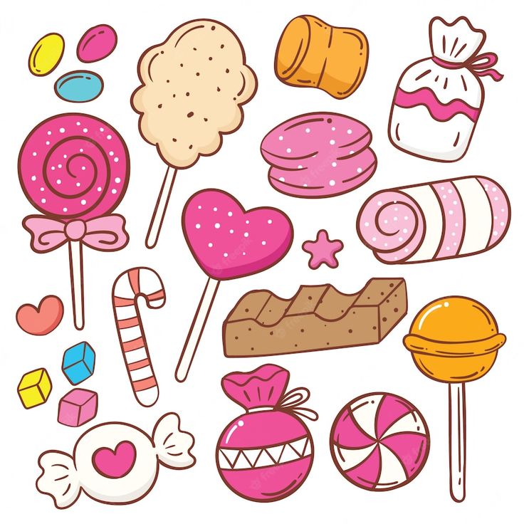 an assortment of candy and lollipops on a white background with the words sweet