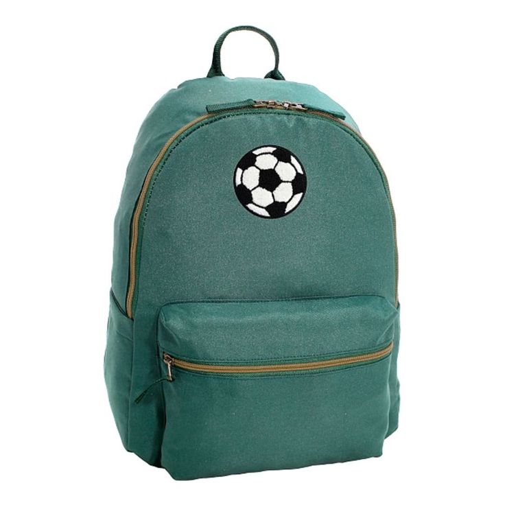 a green backpack with a soccer ball on it