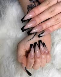 Sharp French Tip Nails Coffin, Black V Tip Nails Square, Black Outline French Tip Nails Coffin, Black V Nails Coffin, Pointy French Tip Nails Coffin, Black Coffin Acrylic Nails French Tip, V Black French Tip Nails, Black V Tip French Nails, Black V Tip Nails Coffin