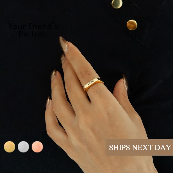 "Unique, bold, and classic, this signet bar ring is truly timeless in its design. It is customizable with a year, which makes it a perfect ring for your gift giving. It's sweet sentiments are reflected in its enchanting charm, making it the perfect option to add a touch of glam to your everyday outfit. The perfect 'go to' gift for any occasion. Each item is made-to-order, which gives our pieces a unique meaning that is specific and special to you. H O W ∙ T O ∙ O R D E R It's easy as 1, 2, 3! 1. Classic Jewelry With Custom Text For Anniversary, Minimalist Jewelry With Custom Text For Anniversary, Everyday Elegant Personalized Engraved Ring, Elegant Everyday Rings With Custom Name, Classic Signet Ring With Birthstone For Anniversary, Elegant Custom Name Rings For Everyday, Elegant Custom Name Ring For Everyday, Classic Signet Ring For Valentine's Day Anniversary, Elegant Custom Name Ring