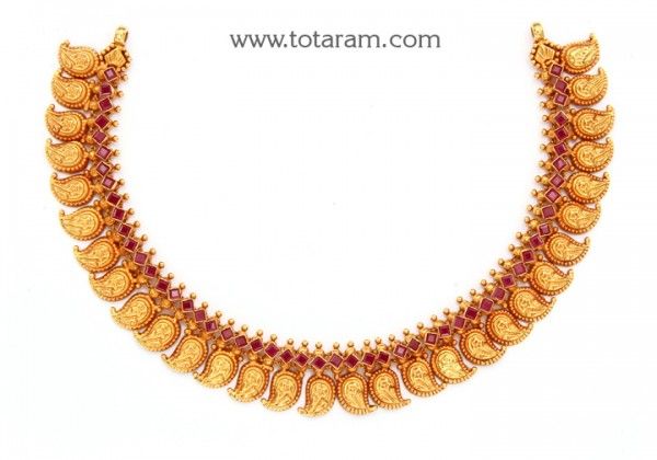 22K Gold 'Mango' Necklace with Color Stones (Temple Jewellery) - 235-GN3934 in 22.250 Grams Ganga Jamuna Necklace Gold, Luxury 22k Gold Round Temple Necklace, Ganga Jamuna Gold Necklace, Luxury Gold Plated Bollywood Temple Necklace, Luxury 22k Gold Temple Necklace For Navratri, Dhasavatharam Gold Necklace, Necklace Set Indian Bridal Jewelry, Mango Necklace, 22k Gold Necklace