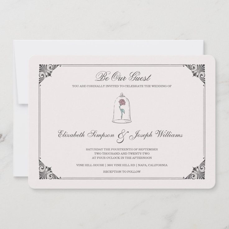 a wedding card with the word be our guest in white and black on top of it