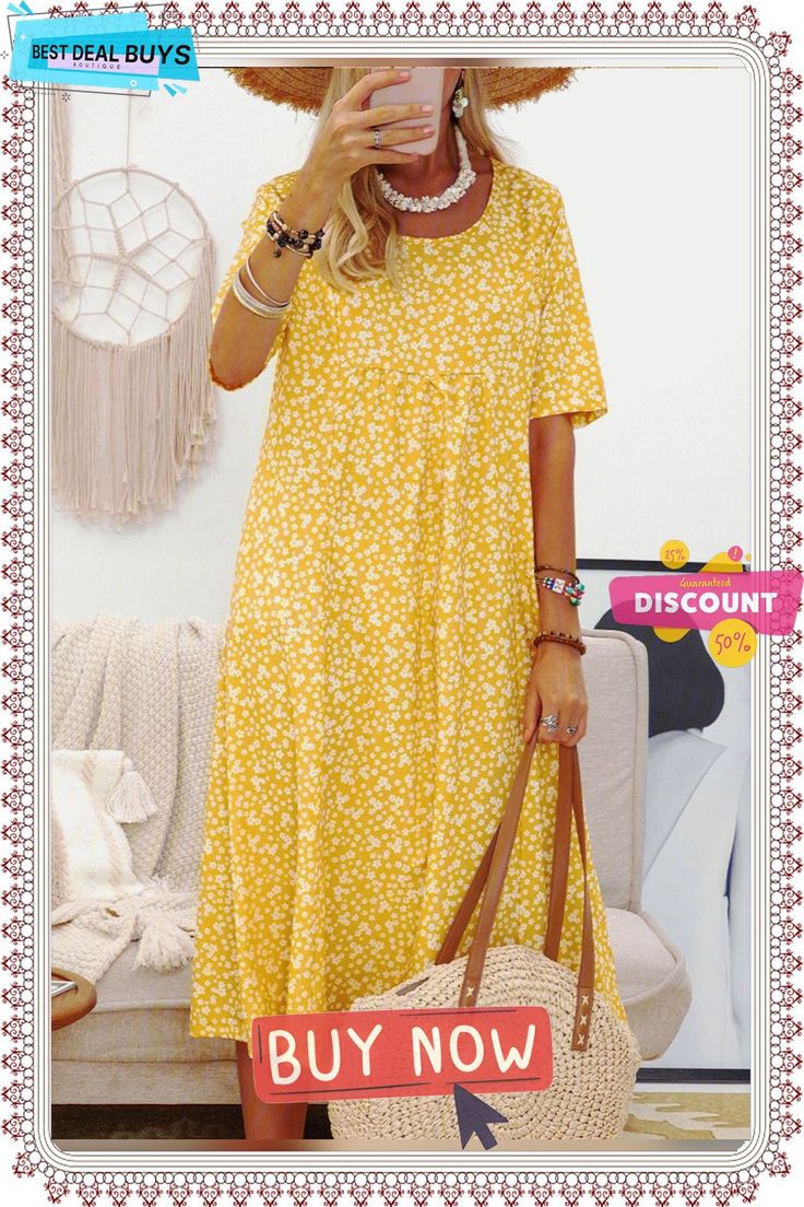 Women Short Sleeve Round Neck Floral-print Causal Midi Dress Printed Non-stretch Knee-length Midi Dress, Yellow Non-stretch Casual Maxi Dress, Printed Casual Maxi Dress, Casual Yellow Non-stretch Maxi Dress, Casual Printed Knee-length Midi Dress, Casual Non-stretch Printed Maxi Dress, Casual Non-stretch Yellow Maxi Dress, Casual Knee-length Printed Midi Dress, Summer Printed Shift Midi Dress