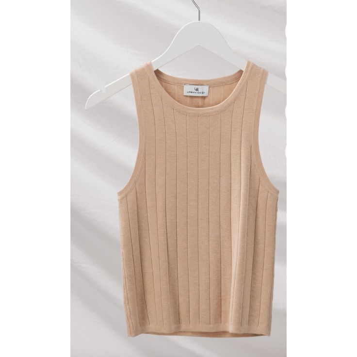 Perfect knitted staple top. Viscose and nylon blend. Runs fitted. Beige Stretch Knit Crop Top, Beige Ribbed Knit Crop Top, Fitted Beige Knit Tank Top, Beige Stretch Knit Top, Beige Stretch Tops With Ribbed Neckline, Fitted Knit Crop Top In Beige, Fitted Knit Beige Crop Top, Beige Stretch Pointelle Knit Top, Beige Seamless Knit Top