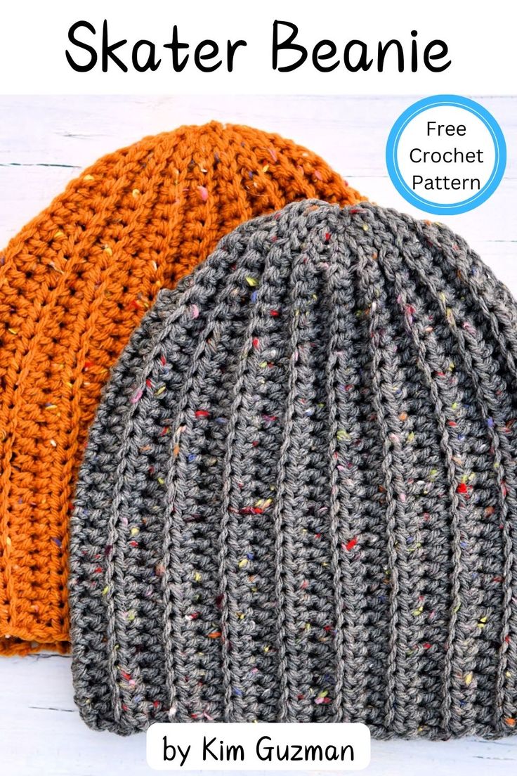 two knitted hats with text that reads, free crochet pattern for the skater beanie