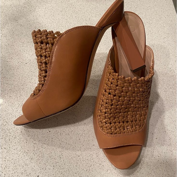 Nwt: Ad & Daughters Charmed Leather Woven Mule Size 8.5 Brown Closed Toe Heels With Woven Leather, Spring Brown Leather Woven Mules, Spring Brown Woven Leather Mules, Brown Open Toe Heels With Woven Leather, Brown Open Toe Mules For Work, Brown Almond Toe Sandals For Fall, Brown Leather Sole Heels For Spring, Elegant Brown Heels With Woven Leather, Elegant Brown Woven Leather Heels