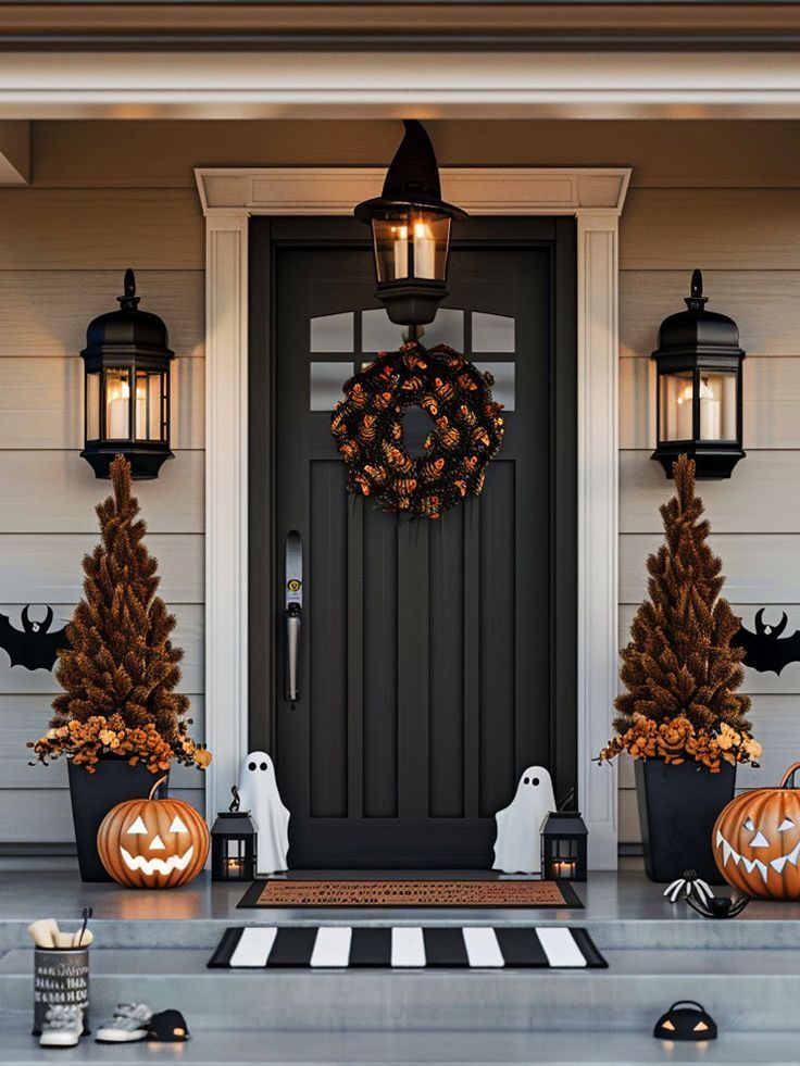 front porch decorated for halloween with pumpkins and decorations