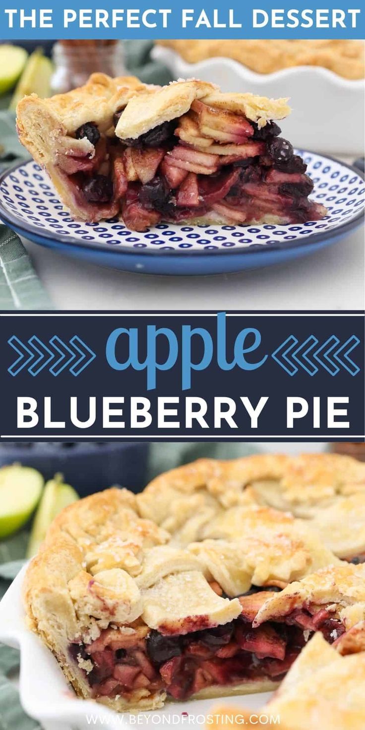 an apple blueberry pie on a plate with the title above it