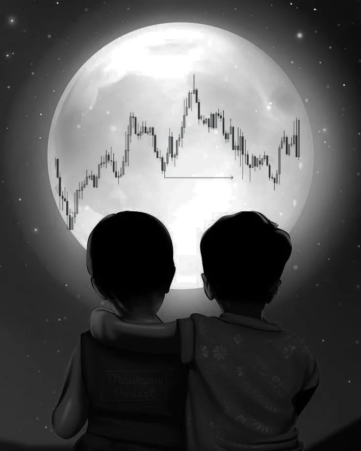 two people sitting in front of a full moon with an upward chart on it's back