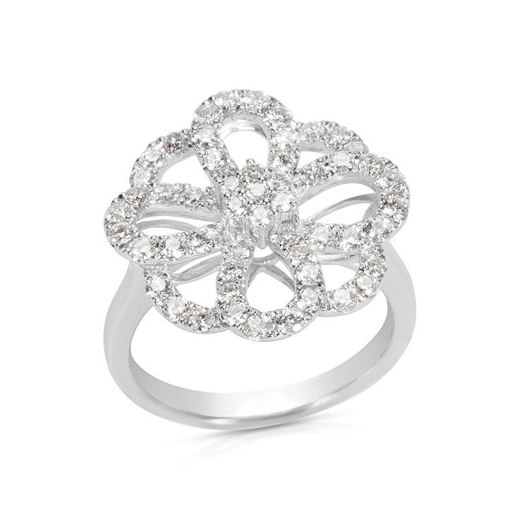 Brand New Open-Work Flower Diamond Ring In 18k White Gold (1.14 Ctw) Ring / White Gold Gemma By Wp Diamonds White Diamond Flower-shaped Ring With Accents, Flower Shaped Diamond White Ring With Diamond Accents, Diamond White Flower-shaped Ring With Diamond Accents, White Gold Diamond Ring With Flower Shape, Diamond White Flower Shaped Diamond Ring, Elegant Diamond Flower Ring With Diamond Accents, Elegant Diamond White Flower Ring With Prong Setting, Elegant Diamond Flower Ring With Accents, Elegant Cubic Zirconia Flower Ring For Formal Events