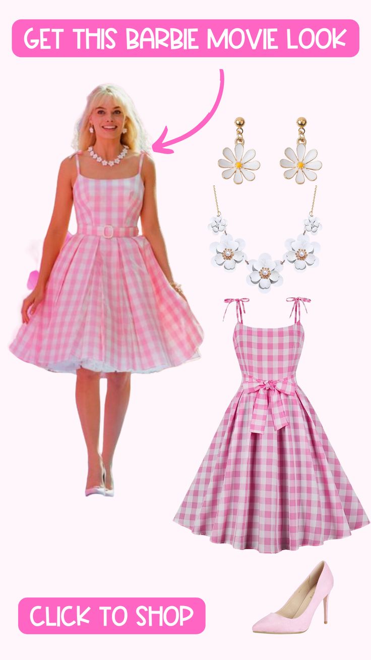 the barbie doll is dressed in pink and white checkered dress with matching shoes, necklaces and earrings