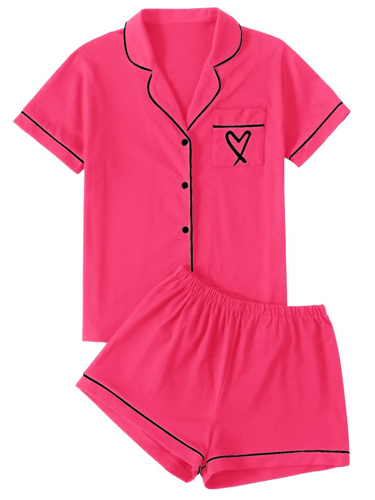 PRICES MAY VARY. Two piece sleepwear set feature with button down shirt and a pair of elastic waist shorts. Soft fabric, breathable and comfy to wear. Notch neck button front shirt top with a chest pocket with heart embroideried, elastic waistband shorts. Summer V neck shorts lounge set for women and girls. Contrast solid color, piping binding trim design, cute and elegant loungwear set. Relaxed fit and cozy style that you can style from day to night. Short sleeve notch collar pajamas set suitab Christmas Pajamas Set, Pj Fits, Wardrobe Build, Night Shirts For Women, Night Wear Pajamas, Pajama Sets For Women, Pink Pjs, Shorts Sleepwear, Pjs Set