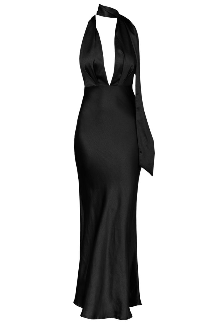 Black maxi dress Plunging, V-neckline Halterneck Low back with adjustable strap Zipper in the side Can we take a moment for this dress? Our Italia Azure dress is sure to make jaws drop! We are obsessed with its classic halter silhouette and low back. Perfect for any occasion where you really need to leave a lasting impression. Team it with clear heels and a satin clutch and watch heads turn. MODEL INFO Model is wearing size XS Height: 5'2" Bust: 33.5" Waist: 25" Hips: 35" CARE Hand Wash Cold. Do Luxury Notched Neckline V-neck Evening Dress, Luxury Sleek Draped Maxi Dress, Low Cut Dresses Classy, Elegant Black Dresses Long, Black Long Dress V Neck, V Neck Classy Dress, Low V Cut Dress, Low V Dress, Low Cut Formal Dress