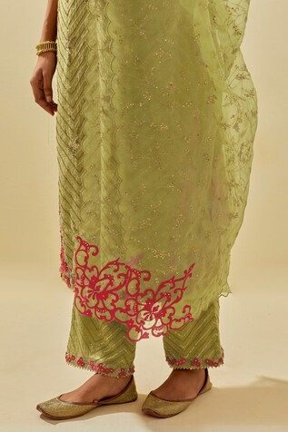 Green kurta featuring floral silk applique motifs and bead sequin embroidered chevron patterns. Comes with embellished pant, scalloped hem dupatta and inner slip. - Aza Fashions Spring Green Embroidered Palazzo Set, Spring Embroidered Tissue Silk Kurta, Traditional Drape Summer Festive Pants, Spring Floral Embroidery Raw Silk Palazzo Set, Summer Festive Pants With Traditional Drape, Festive Summer Pants With Traditional Drape, Spring Chanderi Sharara With Traditional Drape, Summer Silk Sharara With Traditional Drape, Summer Silk Palazzo Set With Resham Embroidery