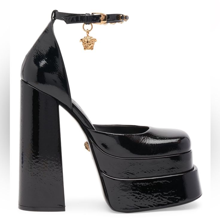 Versace's Aevitas Pumps Are A Statement Runway Design Anchored By A Double Platform And Striking Block Heel. Made In Italy Of Rich Patent Leather, This Bold Pair Is Finished With A Medusa Head Charm At The Dainty Ankle Strap. Lamb Leather Upper Square Toe Ankle Buckle Strap Leather Sole Made In Italy Size Leather-Covered Block Heel, 6" (155mm) No Box Evening Platform Heels In Calf Leather, Luxury Calf Leather Heels For Evening, Designer Leather Heels For Gala, Luxury Leather Heels For Gala, Luxury Heels With Heel Strap And Round Toe, Luxury Platform Heels With Closed Toe, Luxury Closed Toe Platform Heels, Luxury Platform Heels For Galas, Luxury Black Platform Heels