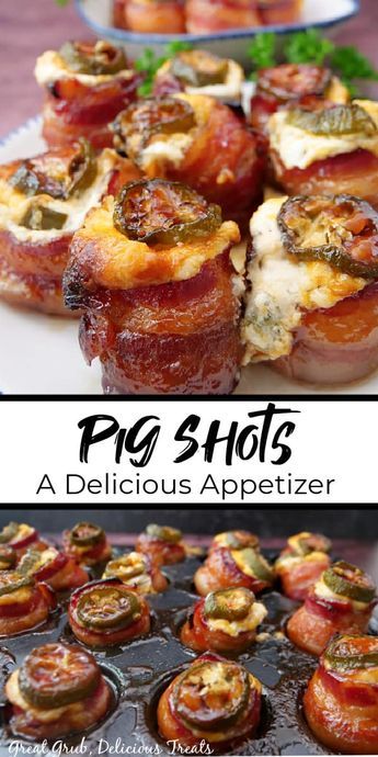 bacon and cheese appetizers on a plate with text overlay that reads pro shots