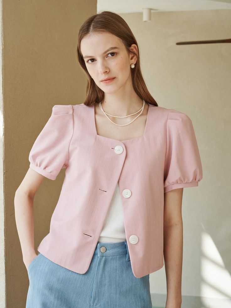 Softly structured, this effortless blouse.It is exceptionally soft and durable.Great outfits start here. - Square neck and puff sleeve blouse- Cropped blouse, it's cute and fit perfectly everywhere- Two way styles, jacker or blouse - Button closure and different hem length- It looks as good in the office as it does out Chic Pink Puff Sleeve Top With Square Neck, Feminine Tops With Gathered Sleeves And Square Neck, Feminine Tops With Square Neck And Gathered Sleeves, Short Sleeve Puff Sleeve Top For Workwear, Tops With Blouson Sleeves For Daywear, Pink Puff Sleeve Top With Gathered Sleeves, Puff Sleeve Tops With Blouson Sleeves For Daywear, Pink Tops With Puff Gathered Sleeves, Spring Workwear Tops With Square Neck