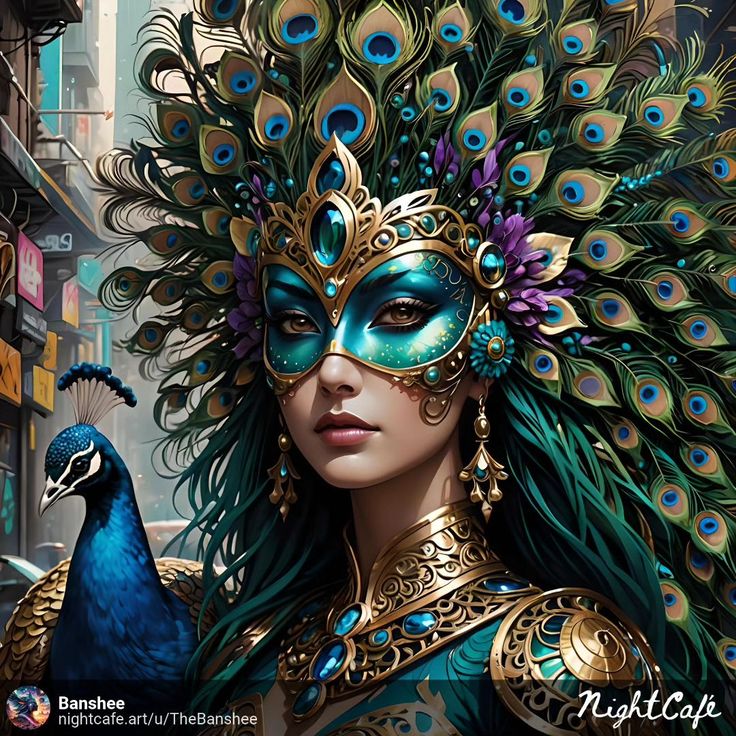 a woman wearing a peacock mask and holding a peacock in front of her face with feathers all around her head