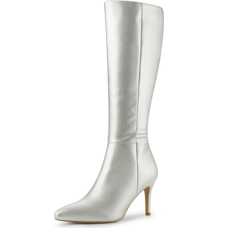 These women's stiletto-heel knee-high boots feature a pointy toe, high heels, and a soft faux leather upper that is versatile and comfortable. They are finished with a cushioned insole, soft interior lining, and a side zipper closure for easy on and off. Add a touch of style to your daily outfits to keep your legs looking long and attractive and keep you warm this season. Sleek Fitted Knee-high Faux Leather Boots, Fitted High Heel Boots With Zipper Closure, Sleek Fitted Faux Leather Knee-high Boots, Fitted High Heel Faux Leather Boots, Fitted Faux Leather High Heel Knee-high Boots, Sleek Wide Calf Knee-high Boots For Party, Fitted High Heel Boots In Faux Leather, Fitted Faux Leather Knee-high Boots With High Heels, Faux Leather High Heeled Boots