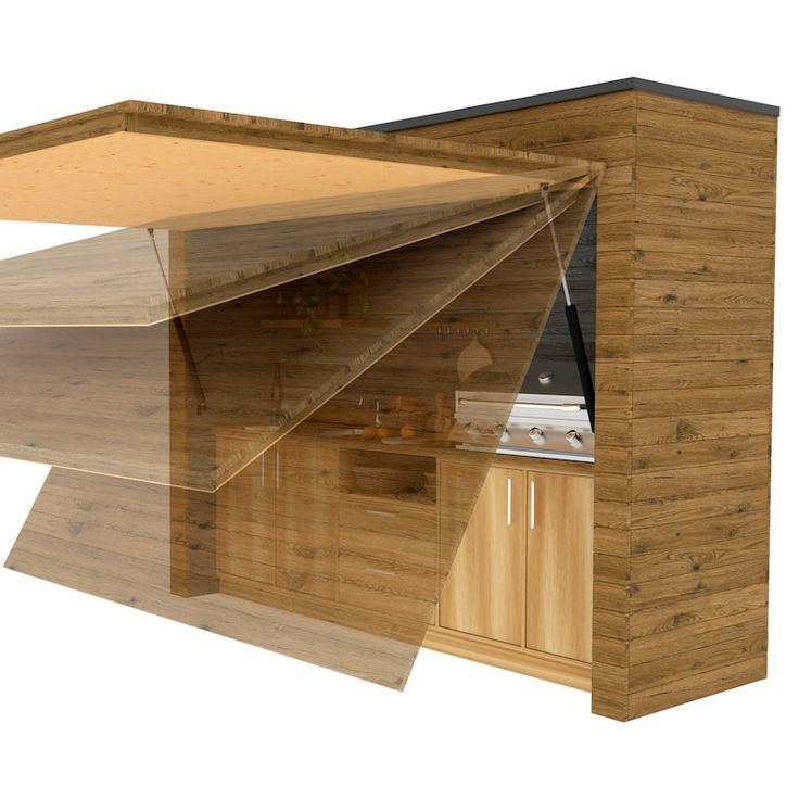 an image of a kitchen with wooden cabinets and counter tops in the shape of a boat