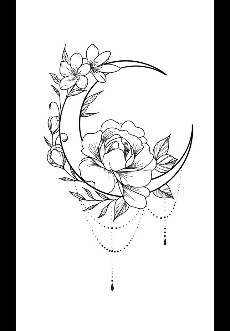 a black and white drawing of a crescent with flowers on the side, hanging from it's sides