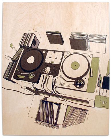 an image of a record player and other items on a wooden table with wood grained background